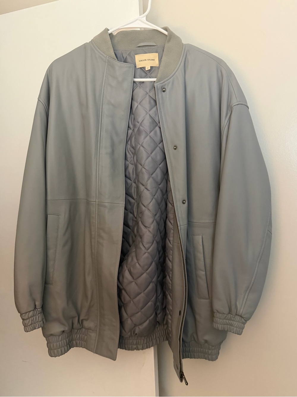 LouLou Studio Light Grey Quilted-Lined Oversized Leather Bomber